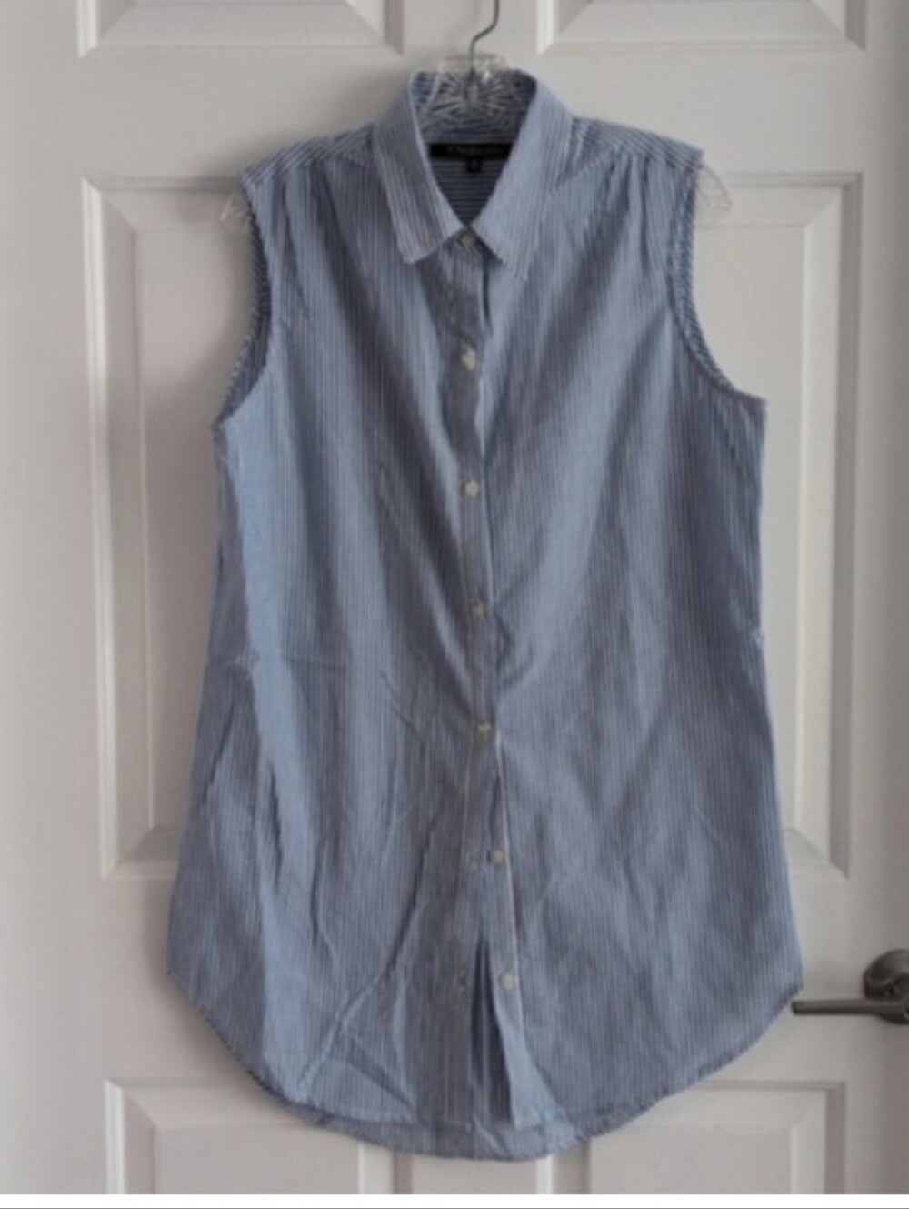 Cotton Sleeveless Blue Pinstripe Button-Up Shirt, Coverup - Picture 6 of 8